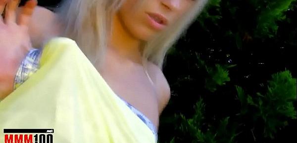  Pornstar little blonde Teena Lipoldino stripping in the jungle